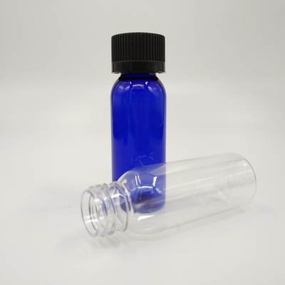 1 oz Cobalt Blue Plastic Boston chai tròn với nắp sườn đen