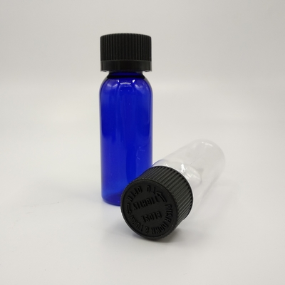 1 oz Cobalt Blue Plastic Boston chai tròn với nắp sườn đen