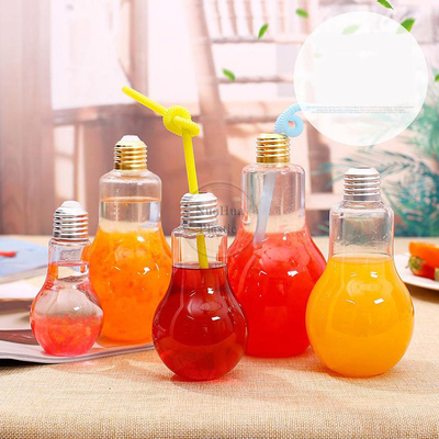 Cốc bóng đèn với nắp rơm cho các bữa tiệc chai hình bóng đèn nhựa đáy phát sáng đèn LED bóng đèn có thể lấp đầy